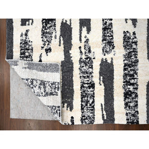 10'2"x13'7" Ivory and Black, Organic Undyed Wool, Natural Dyes, Thick and Plush, Modern Erased Column Design, Hand Knotted, Oriental Rug FWR506658