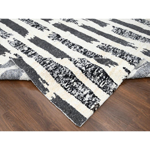 10'2"x13'7" Ivory and Black, Organic Undyed Wool, Natural Dyes, Thick and Plush, Modern Erased Column Design, Hand Knotted, Oriental Rug FWR506658