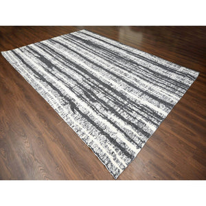 10'x13'8" Ivory And Black, Plush Pile, Organic Undyed Wool, Modern Vertical Broken Stripe Design, Hand Knotted, Oriental Rug FWR506670