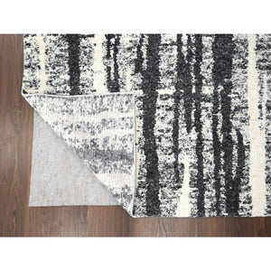 10'x13'8" Ivory And Black, Plush Pile, Organic Undyed Wool, Modern Vertical Broken Stripe Design, Hand Knotted, Oriental Rug FWR506670