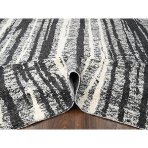 10'x13'8" Ivory And Black, Plush Pile, Organic Undyed Wool, Modern Vertical Broken Stripe Design, Hand Knotted, Oriental Rug FWR506670