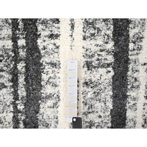 10'x13'8" Ivory And Black, Plush Pile, Organic Undyed Wool, Modern Vertical Broken Stripe Design, Hand Knotted, Oriental Rug FWR506670