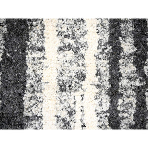 10'x13'8" Ivory And Black, Plush Pile, Organic Undyed Wool, Modern Vertical Broken Stripe Design, Hand Knotted, Oriental Rug FWR506670