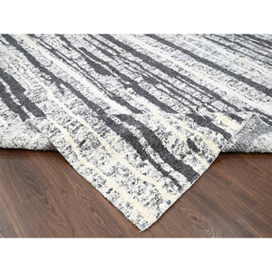 12'x14'9" Black With Ivory, Hand Knotted, Modern Vertical Broken Stripe Design, Organic Undyed Wool, Soft And Vibrant Pile, Oversize Oriental Rug FWR506676