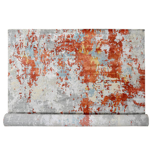 13'9"x17'9" Gray and Rust, Wool And Silk, Abstract With Fire Mosaic Design, Hand Knotted, Persian Knot, Oversized Oriental Rug FWR506730