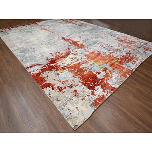 13'9"x17'9" Gray and Rust, Wool And Silk, Abstract With Fire Mosaic Design, Hand Knotted, Persian Knot, Oversized Oriental Rug FWR506730