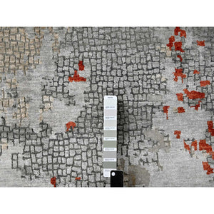 13'9"x17'9" Gray and Rust, Wool And Silk, Abstract With Fire Mosaic Design, Hand Knotted, Persian Knot, Oversized Oriental Rug FWR506730