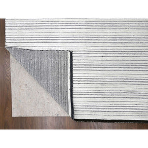 14'x16' Anti-flash White And Black, Wool And Plant Based Silk, Modern Textured And Variegated Line Design, Hand Loomed, Oversized Oriental Rug FWR506736