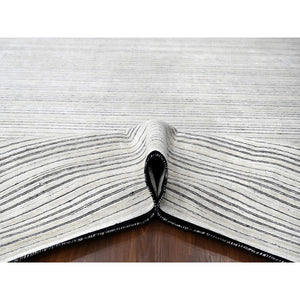 14'x16' Anti-flash White And Black, Wool And Plant Based Silk, Modern Textured And Variegated Line Design, Hand Loomed, Oversized Oriental Rug FWR506736