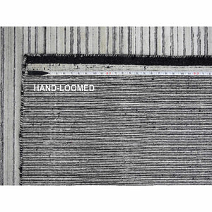 14'x16' Anti-flash White And Black, Wool And Plant Based Silk, Modern Textured And Variegated Line Design, Hand Loomed, Oversized Oriental Rug FWR506736