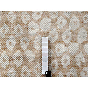 9'x12' Almond Brown, Tone On Tone, Calm Ambience, Dot Design, Cropped Thin, Hand Knotted, Natural Wool,  Oriental Rug FWR506910