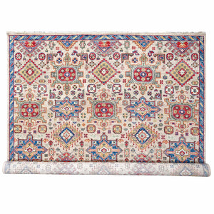 11'9"x14'10" Buttery Brown and Sapphire Blue, Karajeh Heriz Geometric Design, Thick and Plush, 100% Wool, Supple Collection, Hand Knotted, Oversized Oriental Rug FWR506958
