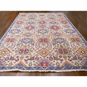 11'9"x14'10" Buttery Brown and Sapphire Blue, Karajeh Heriz Geometric Design, Thick and Plush, 100% Wool, Supple Collection, Hand Knotted, Oversized Oriental Rug FWR506958