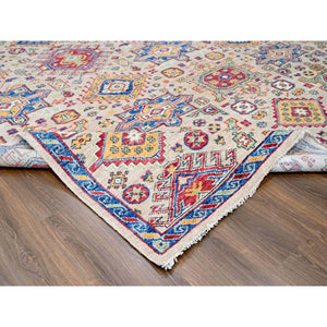 11'9"x14'10" Buttery Brown and Sapphire Blue, Karajeh Heriz Geometric Design, Thick and Plush, 100% Wool, Supple Collection, Hand Knotted, Oversized Oriental Rug FWR506958