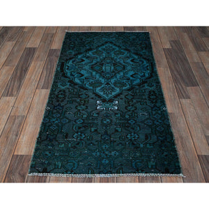 2'3"x4'5" Teal Overdyed, Vintage Persian Bakhtiar, Worn and Distressed, 100% Wool, Hand Knotted, Shaved Down, Zero Pile, Sides and Ends Professionally Secured, Fragment, Oriental Rug Sh844 FWR5064
