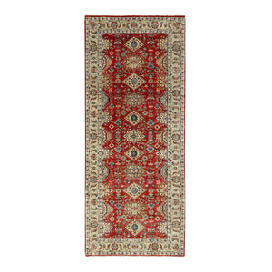 4'1"x9'10" Red Devil, Hand Knotted, Organic Wool, Natural Dyes, Karajeh Design, Soft to the Touch Pile, Wide Runner Oriental Rug FWR507000