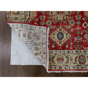 4'1"x9'10" Red Devil, Hand Knotted, Organic Wool, Natural Dyes, Karajeh Design, Soft to the Touch Pile, Wide Runner Oriental Rug FWR507000