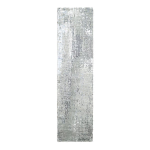 2'7"x9'10" Rustic Gray, Persian Knot, Abstract with Mosaic Design, Wool and Silk, Hand Knotted, Dense Weave, Runner Oriental Rug FWR507096