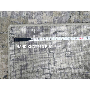 2'7"x9'10" Rustic Gray, Persian Knot, Abstract with Mosaic Design, Wool and Silk, Hand Knotted, Dense Weave, Runner Oriental Rug FWR507096