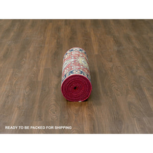 2'7"x19'10" Crimson Red with Pastel Black, Hand Knotted Karajeh Design with Tribal Medallions, Pure Wool, XL Runner Oriental Rug FWR507108