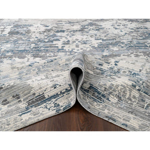 9'3"x12' Shadow White with Touches of Blue, Soft and Vibrant pile, Hand Knotted, Undyed Natural Wool, Cut and Loop Technique, Nepali Oriental Rug FWR507468