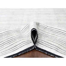 Load image into Gallery viewer, 12&#39;x18&#39;1&quot; Smoky White With Cynical Black, 100% Wool, Hand Loomed, Modern Textured And Variegated Line Design, Oversized Oriental Rug FWR507492