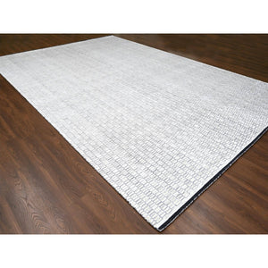 12'2"x18' Snow White And Asphalt Black, 100% Wool, Hand Loomed, Modern Textured And Roman Tile Design, Oversized Oriental Rug FWR507516