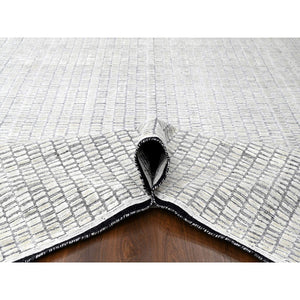 12'2"x18' Snow White And Asphalt Black, 100% Wool, Hand Loomed, Modern Textured And Roman Tile Design, Oversized Oriental Rug FWR507516