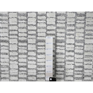 12'2"x18' Snow White And Asphalt Black, 100% Wool, Hand Loomed, Modern Textured And Roman Tile Design, Oversized Oriental Rug FWR507516