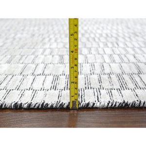 12'2"x18' Snow White And Asphalt Black, 100% Wool, Hand Loomed, Modern Textured And Roman Tile Design, Oversized Oriental Rug FWR507516