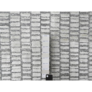 14'2"x18' Lexicon White With Carbon Black, 100% Wool, Hand Loomed, Modern Textured And Roman Tile Design, Oversized Oriental Rug FWR507528