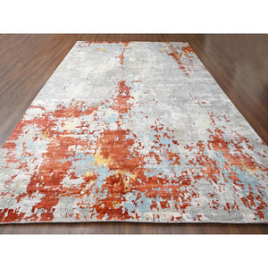 12'x17'10" Gainsboro with Rust Red, Abstract With Fire Mosaic Design, Hand Knotted, Persian Knot, Wool And Silk, Oversized Oriental Rug FWR507546