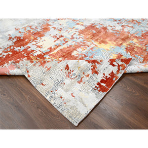 12'x17'10" Gainsboro with Rust Red, Abstract With Fire Mosaic Design, Hand Knotted, Persian Knot, Wool And Silk, Oversized Oriental Rug FWR507546