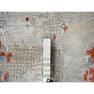 12'x17'10" Gainsboro with Rust Red, Abstract With Fire Mosaic Design, Hand Knotted, Persian Knot, Wool And Silk, Oversized Oriental Rug FWR507546