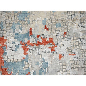 12'x17'10" Gainsboro with Rust Red, Abstract With Fire Mosaic Design, Hand Knotted, Persian Knot, Wool And Silk, Oversized Oriental Rug FWR507546