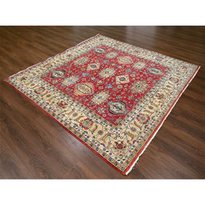 8'x8' Fire Brick Red And Buttery Brown, Hand Knotted, Pure Wool, Karajeh Design, Square, Soft To The Touch Pile, Oriental Rug FWR507558
