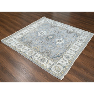 6'2"x6'1" Blue Gray, Natural Wool, Karajeh and Geometric Design, Hand Knotted, Square Oriental Rug FWR507564