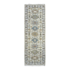 2'7"x7'9" Acoustic White, Hand Knotted, Karajeh Design Tribal Medallions, Extra Soft Wool, Runner Oriental Rug FWR507642