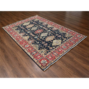 6'x9' Retro Black And Cardinal Red, Natural Wool, Vegetable Dyes, Hand Knotted, Karajeh Design With Tribal Medallions, Oriental Rug FWR507666
