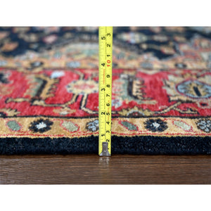 6'x9' Retro Black And Cardinal Red, Natural Wool, Vegetable Dyes, Hand Knotted, Karajeh Design With Tribal Medallions, Oriental Rug FWR507666