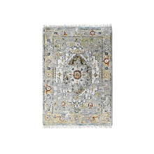 Load image into Gallery viewer, 2&#39;x3&#39; Smoky White, Broken And Erased Persian Heriz Medallion Design, Dense Weave, Organic Wool, Hand Knotted, Mat Oriental Rug FWR507780