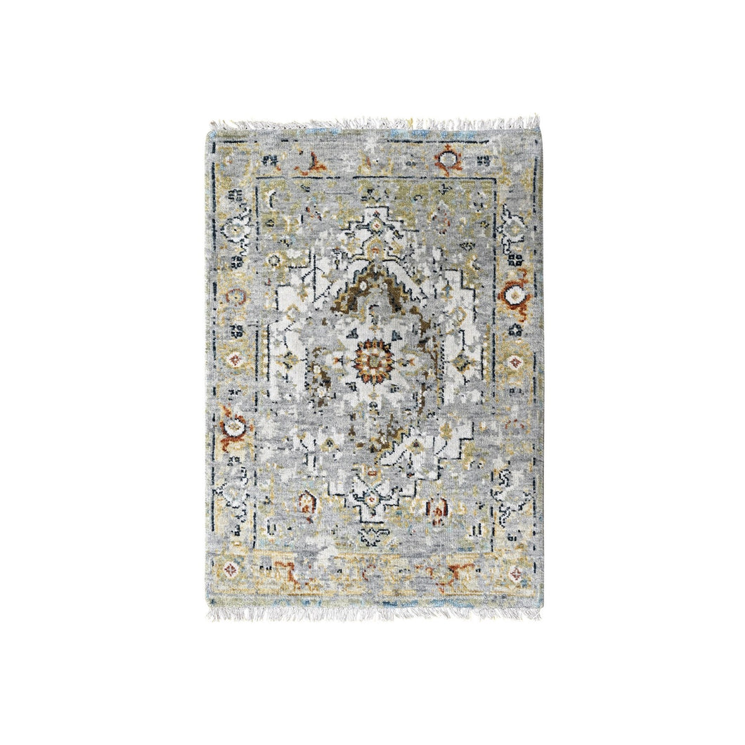2'x3' Smoky White, Broken And Erased Persian Heriz Medallion Design, Dense Weave, Organic Wool, Hand Knotted, Mat Oriental Rug FWR507780