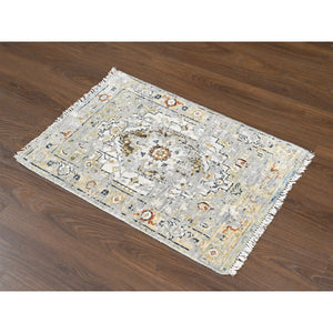 2'x3' Smoky White, Broken And Erased Persian Heriz Medallion Design, Dense Weave, Organic Wool, Hand Knotted, Mat Oriental Rug FWR507780
