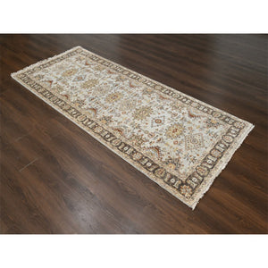 4'2"x9'10" Goose Gray, Karajeh Design With Tribal Medallions, Pure Wool, Hand Knotted, Wide Runner Oriental Rug FWR507990
