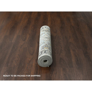 4'2"x9'10" Goose Gray, Karajeh Design With Tribal Medallions, Pure Wool, Hand Knotted, Wide Runner Oriental Rug FWR507990