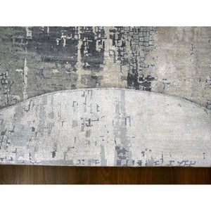 9'10"x9'10" Cloud Gray, Hand Knotted, Abstract with Mosaic Design, Wool and Silk, Round Oriental Rug FWR508086
