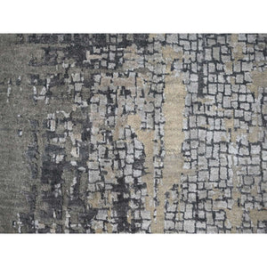 9'10"x9'10" Cloud Gray, Hand Knotted, Abstract with Mosaic Design, Wool and Silk, Round Oriental Rug FWR508086