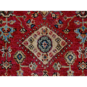 2'7"x12' Fire Brick Red, Karajeh with Geometric Medallions Design, Pure Wool, Hand Knotted, Runner Oriental Rug FWR508104