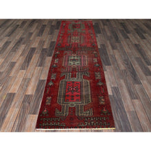 Load image into Gallery viewer, 2&#39;3&quot;x8&#39;5&quot; Cherry Red, Vintage Persian Hamadan with Distinct Abrash, Cropped Thin, Zero Pile, Sides and Ends Professionally Secured, Even Wear, Hand Knotted, Pure Wool, Narrow Runner, Oriental Rug Sh846 FWR5076