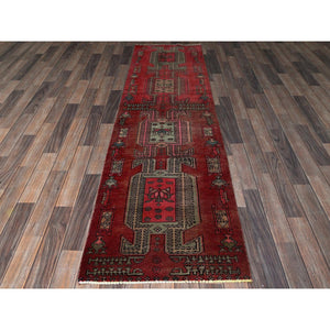 2'3"x8'5" Cherry Red, Vintage Persian Hamadan with Distinct Abrash, Cropped Thin, Zero Pile, Sides and Ends Professionally Secured, Even Wear, Hand Knotted, Pure Wool, Narrow Runner, Oriental Rug Sh846 FWR5076